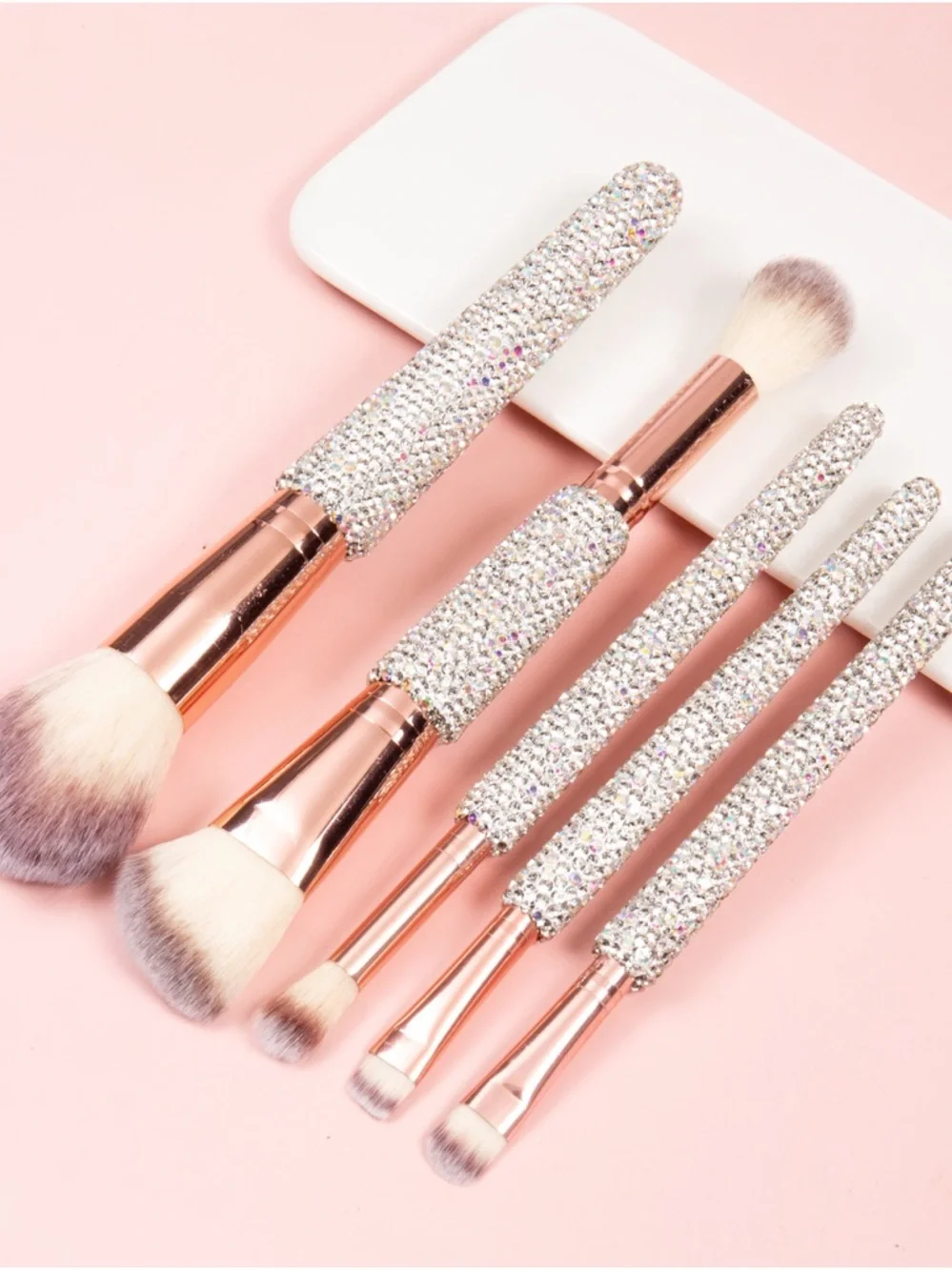 Bling Bling AB Silver Rhinestone Handle Rose Gold 5-Piece Makeup Brush Set